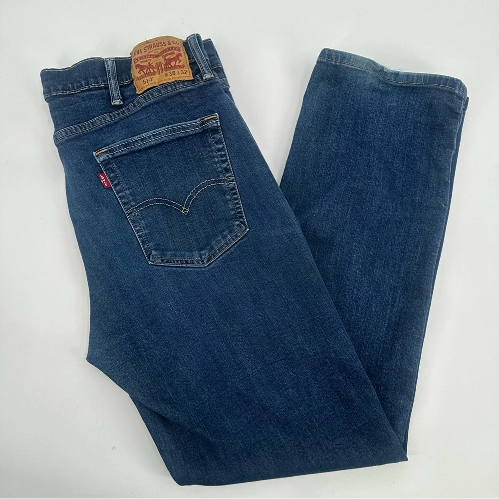 Levi's Jeans Mens 38x32 Blue 514 Straight Leg Stretch Dark Wash Denim-read